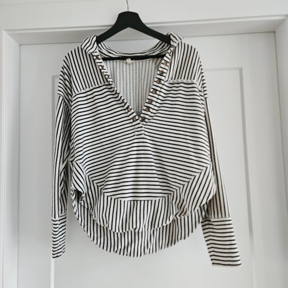 Pilcro Black & White Striped Hooded Henley Pullover